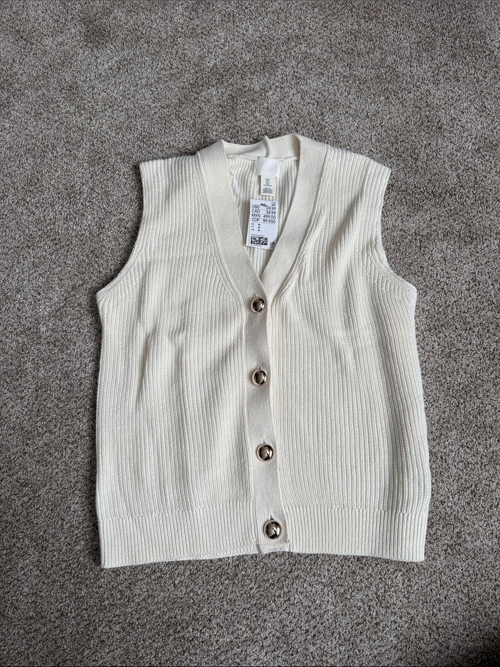 H&M Cream Button Front Ribbed Knit Vest